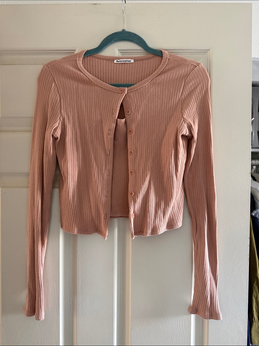 Reformation Blush Ribbed Cardigan and Cami Set, Size Medium